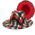 Klassischer Fedora-Hut mit Karomuster, breiter Krempe und rotem Kontrastfutter - M (56-58cm) / Dunkles Karo + Rot