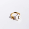 Minimalist gold open U-ring featuring a large pearl and a small gold bead - Adjustable Open / Gold