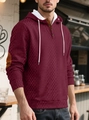 Detail of burgundy hoodie showing diamond texture, henley buttons, and brown elbow patches - S / Tops / Burgundy