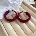 Detail view of deep red matte velvet hoop earrings displayed in a beige jewelry box - Dark Red Velvet Matte Large Hoop (36# Silver Pin-33mm)