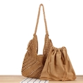 Brown handmade straw tote bag with cutout triangle pattern and drawstring inner pouch - Camel (With Inner Pouch)