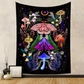 Black bohemian tapestry detail with colorful moths, mushrooms and crescent moon patterns - 73X95CM / Brushed Fabric / Black Moth and Mushroom Colorful