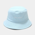 Light blue cotton bucket hat with white 'OK AND?' embroidery and wide brim for sun protection - M (56-58cm) / Light Blue