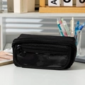 Macro detail of black stationery case with transparent PVC window and durable dual zippers - Black