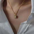 Elegant gold titanium steel necklace with square green enamel and peach zircon pendant - Green Enamel Gold Necklace (P1653)