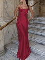 Detail of elegant cowl neck and thin straps on a glossy dark red satin long dress - S / Red