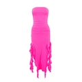 Detail view of pink bodycon tube dress with ruched fabric and irregular jellyfish ruffle hem - Rose Red
