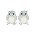 Exquisite 925 sterling silver owl stud earrings with green eyes and white stones - 925 Silver / Silver (Luminous)