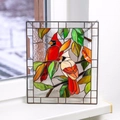 Detail of stained glass cardinal birds hanging on a snowy window background - Style 5 (White-headed Birds)
