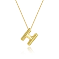 Detail view of 18K gold plated puffy balloon style letter H pendant on a fine necklace - Letter H Necklace Set