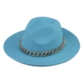 Close-up of sky blue woven straw jazz hat featuring a chunky gold chain embellishment - Lake Blue