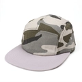 Detail of 5-panel camo camper hat featuring metallic side eyelets and flat grey brim - Adjustable / Grey and White Camouflage