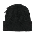 Detailansicht der schwarzen Strickmütze mit Rissen im Used-Look und Rippstrick-Optik - M (56-58cm) / Schwarz