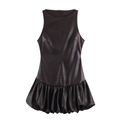 Elegantes ärmelloses dunkelbraunes PU-Leder-Minikleid mit plissiertem Puffrock für Damen - XS / Dunkelbraun
