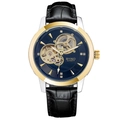 Men's automatic mechanical watch with gold case, blue hollow dial, and black leather strap - Two-tone Gold Black Dial (Black Leather Strap)
