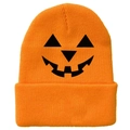Orange knitted beanie featuring a classic black Halloween Jack-o'-lantern face - Orange Traditional Pumpkin Expression Style (橙色-H)