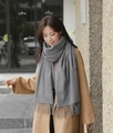 Elegant grey thick cashmere scarf with tassels styled for winter outdoor look - 200*70cm / Velvet-Touch Tassel Style / Brown Gray