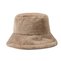 Thick faux fur bucket hat for winter in khaki color with soft plush texture - Faux Rabbit Fur Plain Style / Brown