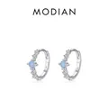 Elegant S925 sterling silver hoop earrings with blue opal and clear cubic zirconia - 925 Silver / Silver