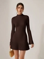 Elegant deep brown long sleeve pleated knit dress with slim fit and turtleneck design - Coffee