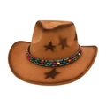 Brown wool felt Western cowboy hat with star print and colorful ethnic beaded hatband - One Size / Camel (Tibetan Sugar Beans)