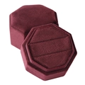 Octagon burgundy velvet ring box showing open and closed views for jewelry storage - Maroon; Three-ring Box