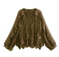 Detail of a brown chiffon blouse featuring layered ruffles and a deep V-neck with buttons - XS / Olive Green