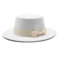Classic white wool felt flat top boater hat with cream ribbon bow for men and women - M (56-58cm) / White