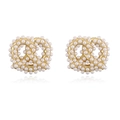 Detailed view of pretzel shaped gold earrings set with small white pearls on white background - Pretzel Style (Earrings) / Gold