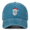 Detail of embroidered sunglasses Santa on blue washed denim baseball cap with visor - Adjustable / Lake Blue