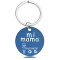 Detail of blue round stainless steel keychain with mi mama engraving and family icon - Blue Keychain (Y00038)