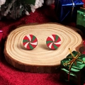 Christmas round wooden stud earrings with festive red white and green peppermint spiral - Spiral Candy