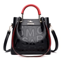 Black litchi grain leather tote bag with contrasting red handles and golden kangaroo logo - Black/Red Handles