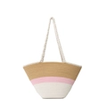 Large woven beach tote bag with beige, pink, and white striped color block design - Pink without Silk Scarf