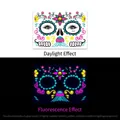 Neon Day of the Dead face tattoo showing day and UV glow effect comparison - Fluorescent Face Sticker FY007