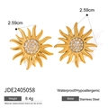 Golden stainless steel sunburst earrings with clear zircon stones, 2.59cm diameter - Sunflower/Sun Pattern Stud Earrings (JDE2405058)