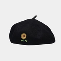 Close-up of vibrant sunflower embroidery on a premium black wool beret hat - Black