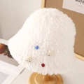 Sombrero de pescador blanco de felpa con parches de ositos y bordado de corazón - M(56-58cm) / Blanco