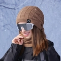 Winter thermal brown knit beanie and neck warmer set with fleece lining for cold weather - Khaki