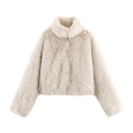 Giacca corta chic in ecopelliccia beige da donna con morbido peluche e maniche lunghe - XS / Bianco Sporco