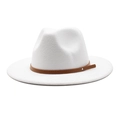 Close-up of white wool fedora hat featuring a brown leather band and silver rivet detail - M (56-58cm) / White