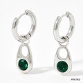 Silver stainless steel hoop earrings featuring hollow teardrop pendants with green zircon - Silver Earrings - Green Zircon (PDE762)