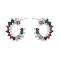 Macro detail of silver C-hoop earrings featuring multi-color micro-set zircon stones - C Shape / Silver