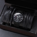 Men's black quartz watch set with black nylon strap and four leather beaded bracelets - Set 3 (No Box)