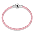 Pink braided leather bracelet with S925 sterling silver buckle for charms - 16cm / Pink