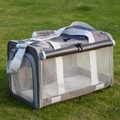 Grey breathable pet travel bag with white mesh panels and roll-up shade on grass - Dark Gray