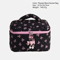 Borsa cosmetica nera plissettata con motivo a fiocchi rosa e ciondolo di perla - Borsa a Secchiello con Fiocco Nero e Rosa