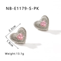 Pink heart stainless steel stud earrings with radiant texture and 2.2cm size measurements - Silver Heart Pink Gemstone Style (NB-E1179-S-PK)