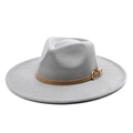 Chapeau fedora en laine gris clair avec large bord plat et ceinture en cuir marron - M (56-58cm) / Gris clair