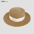 Flat top straw boater hat with a cream satin ribbon bow and breathable woven texture - D-582 Khaki White Stripe / M (56-58cm)